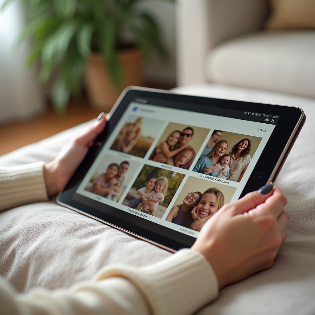 Album digitale di fotografie di famiglia visualizzato su tablet moderno