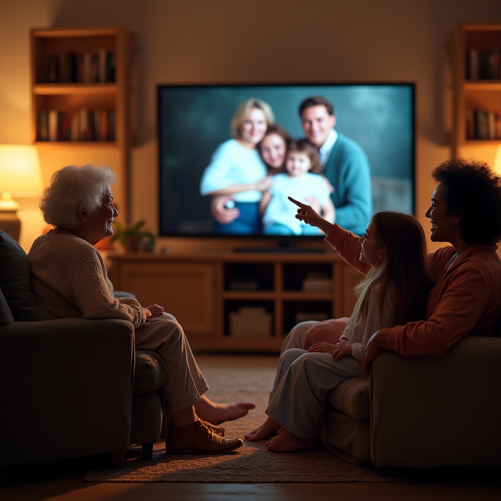 Famiglia che visualizza insieme un archivio fotografico digitale su schermo