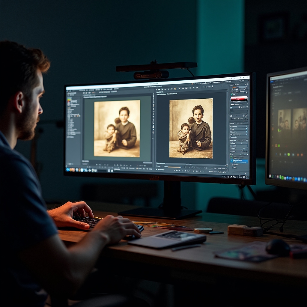 Monitor professionale con software di correzione cromatica per fotografie digitalizzate