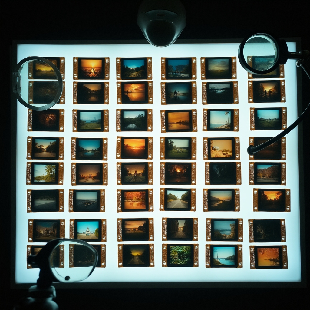 Diapositive a colori disposte su lightbox illuminato