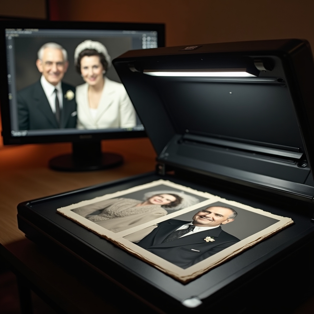 Dettaglio di scansione di fotografia in bianco e nero su scanner piano